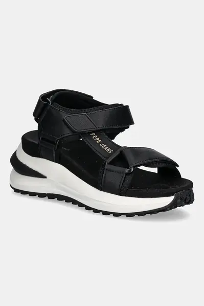 Kožené sandály Pepe Jeans WINSLOVE ACTION dámské, černá barva, na platformě, PLS90707