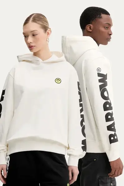 Bavlněná mikina Barrow bílá barva, s kapucí, s potiskem, S5BWUAHS086