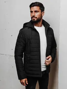 Pánská černá prošívaná bunda s kapucí
