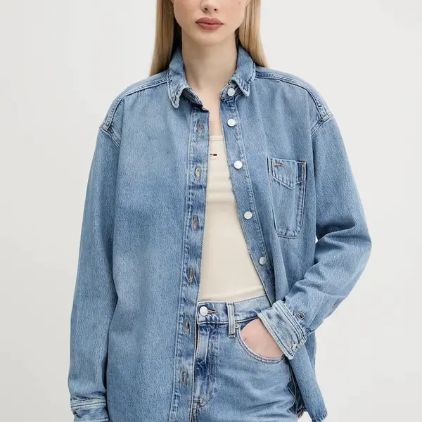Džínová košile Tommy Jeans dámská, modrá barva, relaxed, s klasickým límcem, DW0DW20365