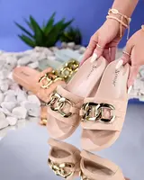 Resti Royalfashion Beige women's quilted flip-flops with gold chain Eteris