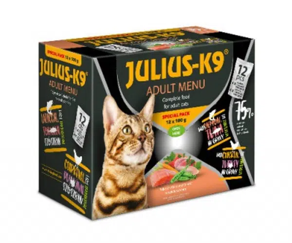 Július K-9 Adult Menu Special Pack výber z hydiny a rýb v omáčke pre mačky - losos-tuniak & kuracie-morčacie 12 x 100 g