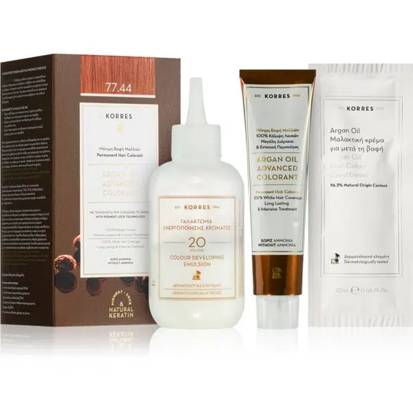 Korres Argan Oil permanentní barva na vlasy s arganovým olejem odstín 77.44 Intense Copper Blonde 50 ml