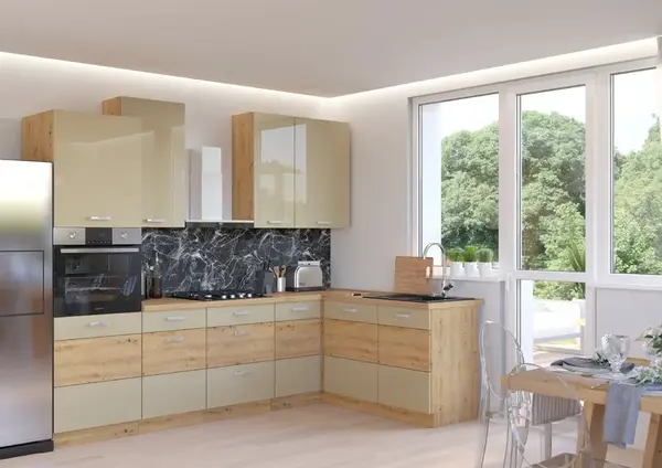 Rohová kuchyňská linka 275 x 140 cm Artisan 1 - Dub artisan + Cappucino lesk