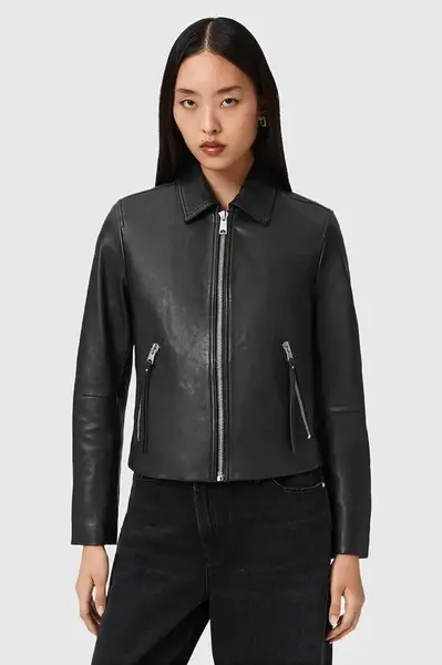 Kožená bunda AllSaints černá barva, přechodná, W057LD