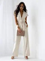 Béžový dámský látkový overal s V-výstřihem