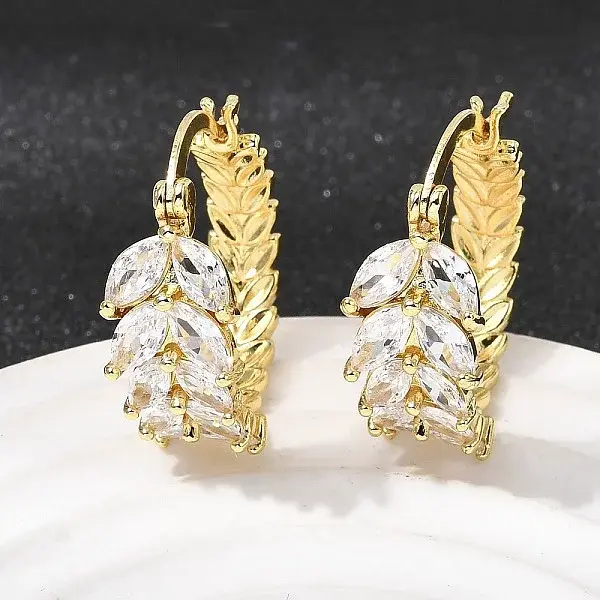 Leaf Brass Micro Pave Cubic Zirconia Hoop Earrings