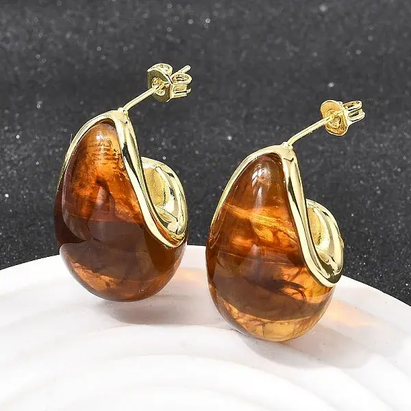 Teardrop Brass Resin Stud Earrings