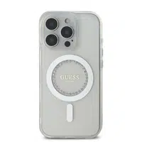Zadní kryt Guess IML Rhinestones Ring MagSafe pro Apple iPhone 16 Pro, bílá