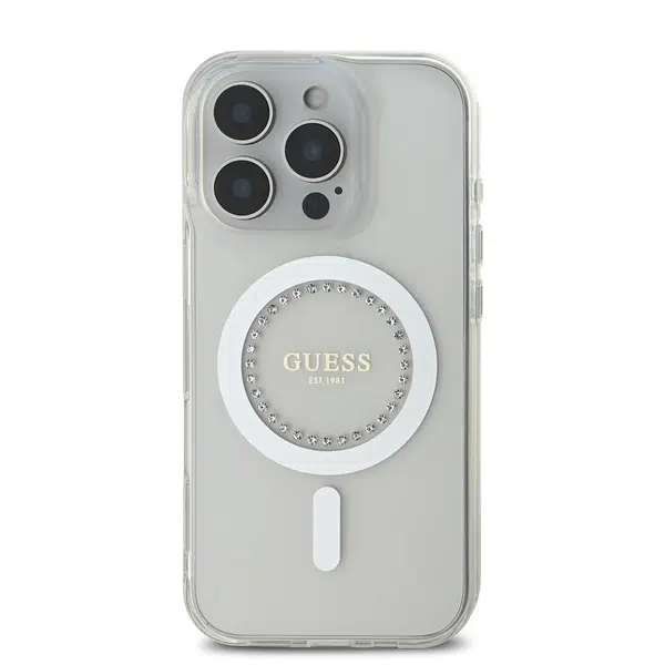 Zadní kryt Guess IML Rhinestones Ring MagSafe pro Apple iPhone 16 Pro, bílá