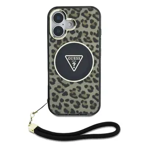 Zadní kryt Guess IML Leopard Triangle Logo Strap MagSafe pro Apple iPhone 16, hnědá