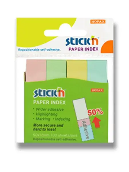 Samolepicí záložky Hopax Stick’n Notes - 50 x 12 mm, 4 x 100 listů, pastelové