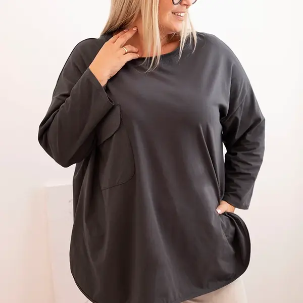 Kesi Włoski Dámská blůza Plus Size s bavlnou, kapsou a ohrnovacími rukávy grafitová