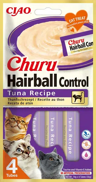 Inaba Cat Ciao Churu Hairball krémové krmivo pre mačky - tuniak 4 x 14 g