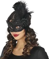 Škraboška čierna čipkovaná s kvetom a perím