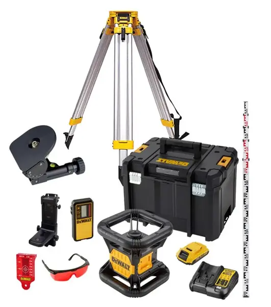 DeWALT Nářadí - 18V AKU rotační laser, dosah 457 m, se stativem a příslušenstvím, 1x aku 2,0 Ah XR, nabíječka DCK374D1R