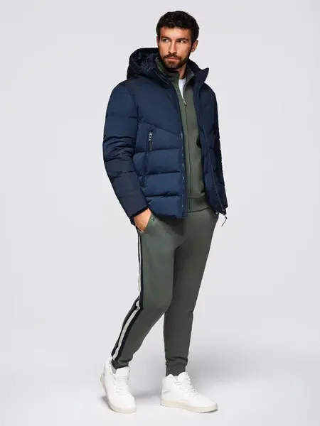 Ombre Men's jacket with asymmetrical quilting and hood - navy blue