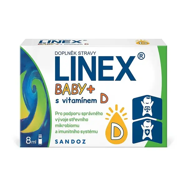 LINEX Baby+ s vitamínem D 8 ml, probiotika pro děti od narození