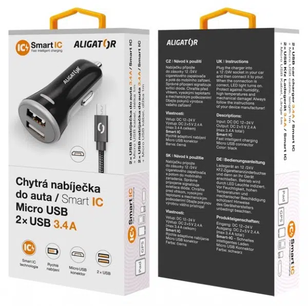 Nabíječka do auta ALIGATOR iPhone/iPad 2xUSB výst. 3.4A, smart IC, black