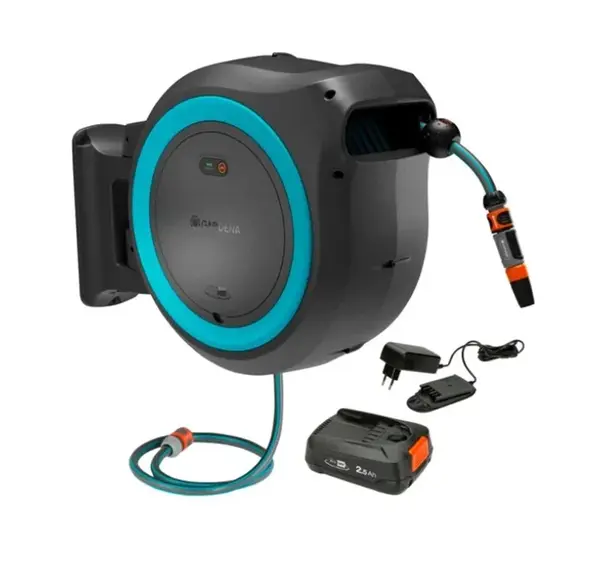 Gardena PowerRoll - 18V AKU bubnový navíječ PowerRoll XL, s hadici 35 m, 1x aku 2,5 Ah Li-Ion, nabíječka, tyrkysová 18640-20