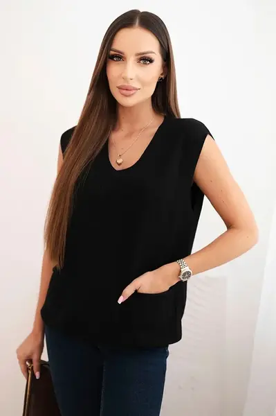 Kesi Włoski Dámský viskózový svetr bez rukávů s kapsami a výstřihem do V černý