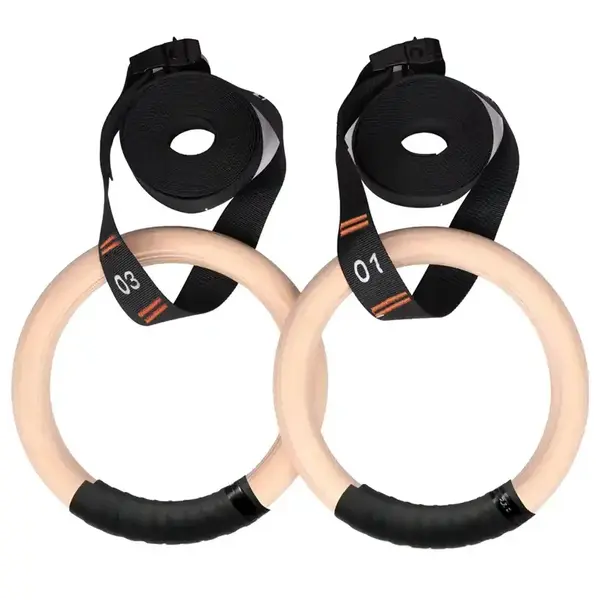 Drevené gymnastické kruhy s nastaviteľnými popruhmi