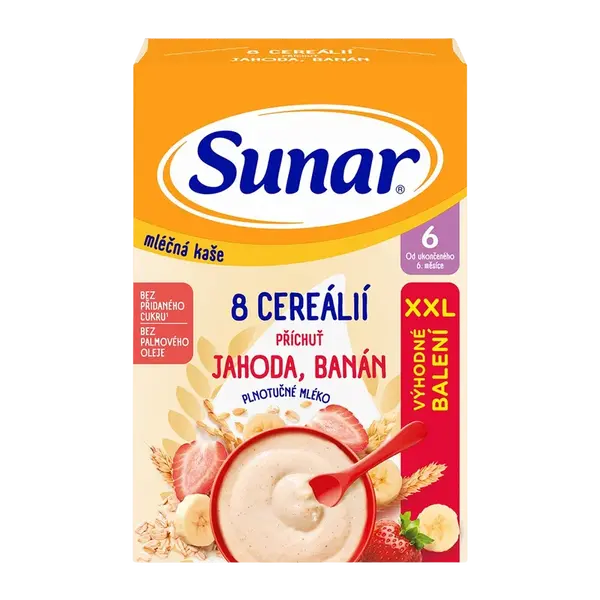 SUNAR mliečna kaša s 8 cereáliami jahoda, banán XXL 340 g