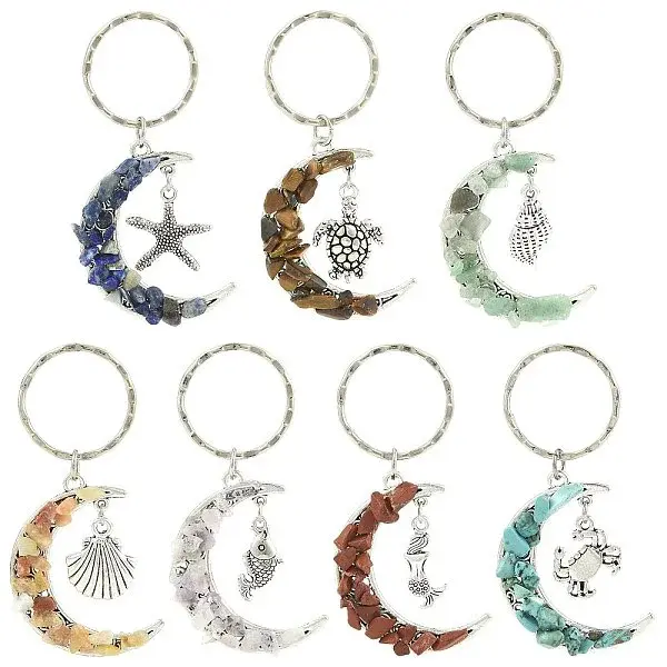 7Pcs Natural & Synthetic Gemstone Moon Keychains
