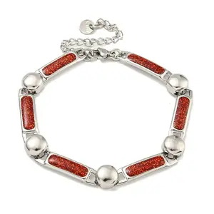 304 Stainless Steel Enamel Rectangle Link Chain Bracelets with Glitter Powder