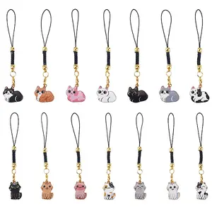 14Pcs Cat Shape Alloy Glass Mobile Straps