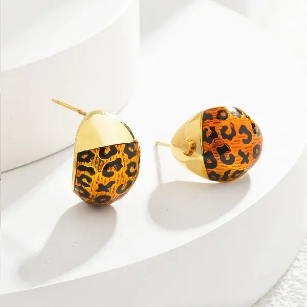Leopard Print Brass Enamel Stud Earrings for Women