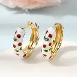 Cherry Pattern Brass Enamel Hoop Earrings