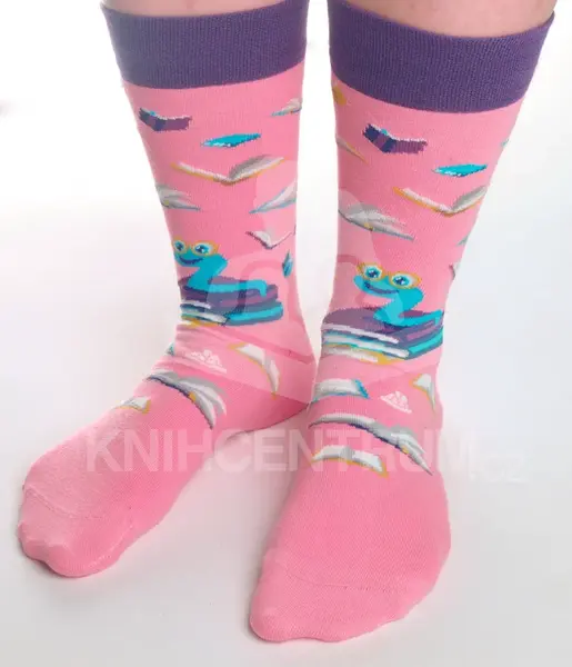 Knihomolské ponožky - růžové s červíkem 39-42