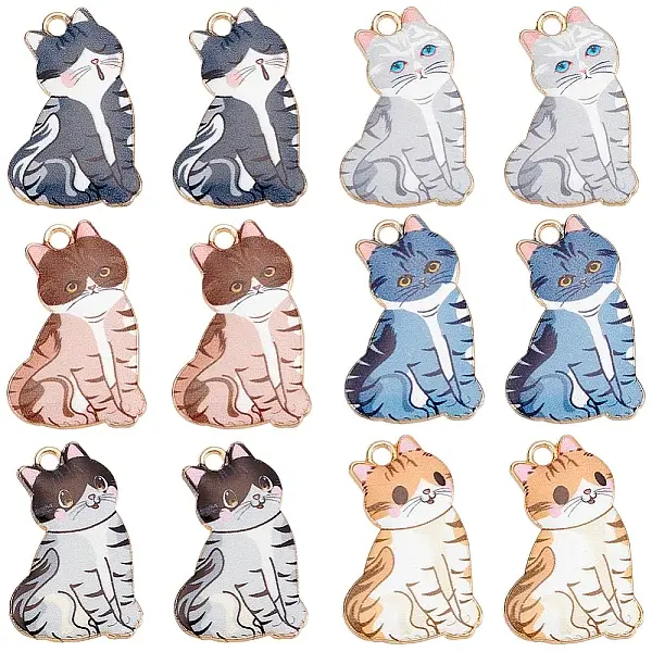 30Pcs Cat Shaped Alloy Enamel Pendants