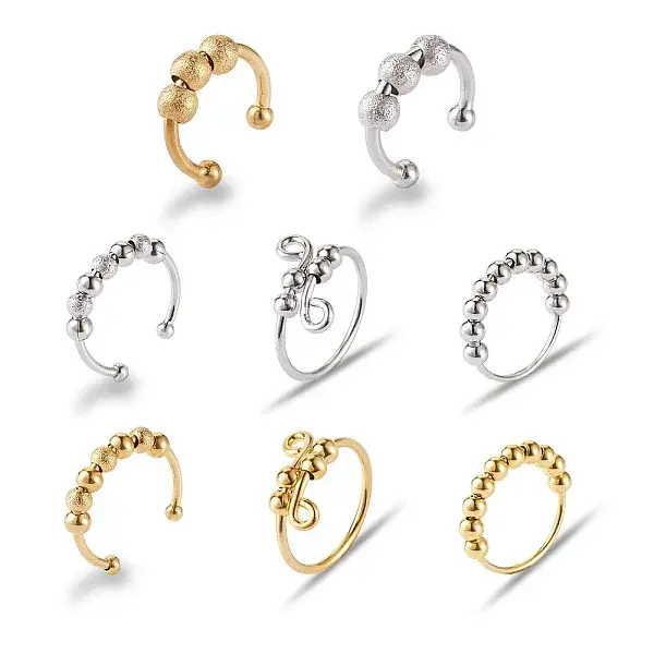 8Pcs 8 Style Brass Rotating Beaded Cuff Rings