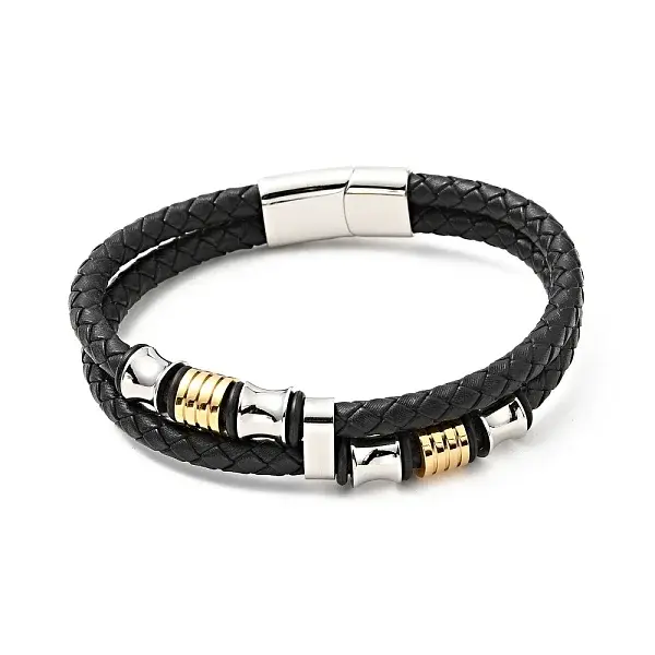 Cowhide Braided Double Layer Bracelet with 304 Stainless Steel Magnetic Clasps