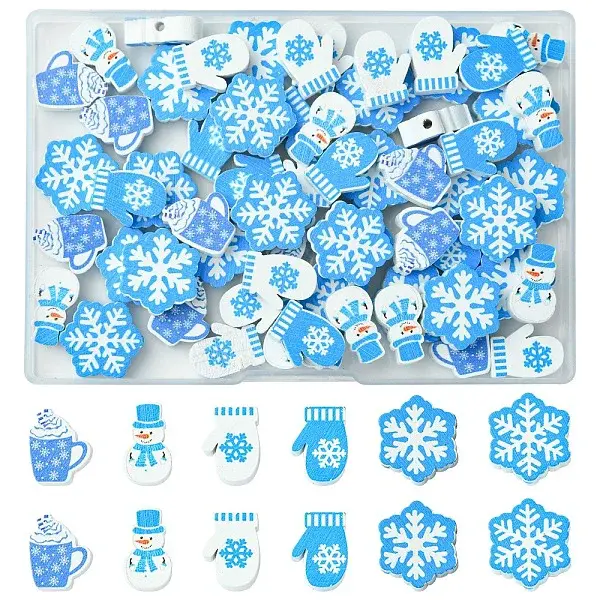 60Pcs 6 Styles Christmas Theme Printed Wood Beads