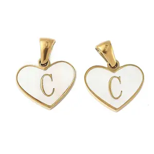 304 Stainless Steel Pave Natural White Shell Heart with Initial Slice Pendants