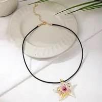 Summer Beach Starfish Transparent Glass Pendant Black Waxed Cord Necklaces for Women