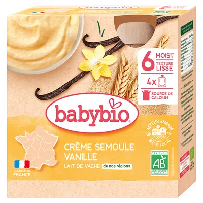 BABYBIO Kapsička mléčný dezert vanilkový krém s krupičkou 6m+ 4 x 85 g