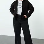 Trendyol Curve Black Hooded Relaxed/Comfortable Fit Zippered Thick Inside Fleece Sweatshirt