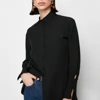 Trendyol Black Ruffle Detailed Cotton Woven Shirt