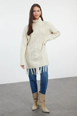 Trendyol Stone Hair Knitted Patterned Tassel Knitwear Sweater