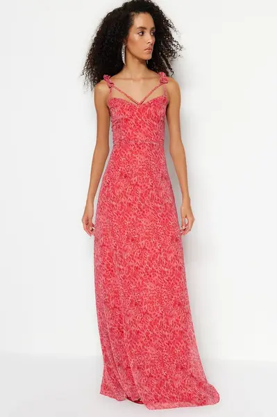 Trendyol Pestrobarevné Dlouhé večerní večerní šaty s otvorem v pase/Skater Window/Cut Out Detail