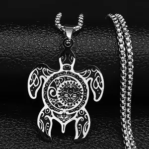 304 Stainless Steel Enamel Turtle with Black Sun Pattern Pendant Necklaces for Men