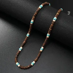 Retro Men's Coconut & Synthetic Turquoise & Shell Heishi Beaded Necklaces