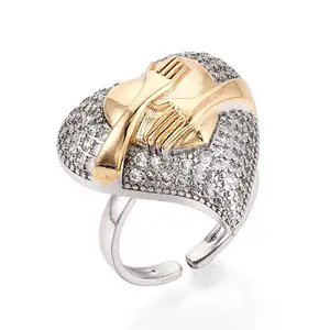 Brass Micro Pave Cubic Zirconia Adjustable Open Cuff Rings for Women