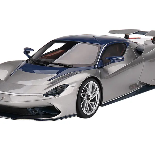 2019 Automobili Pininfarina Battista Argento Liquido Silver Metallic with Blu del Re Blue Top "US Launch Edition" 1/18 Model Car by Top Speed