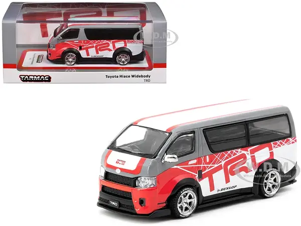 Toyota Hiace Widebody Van RHD (Right Hand Drive) "TRD" Gray and White with Red Graphics "Hobby64" Series 1/64 Diecast Model Car by Tarmac Works