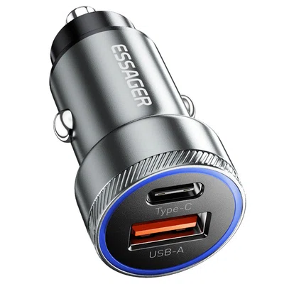 ESSAGER 54W Car Charger USB-A+Type-C 2 Ports PD Quick Charging Ambient Light Intelligent Chip - Gray